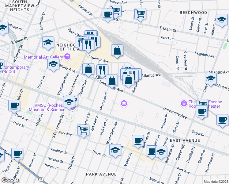 map of restaurants, bars, coffee shops, grocery stores, and more near 29 Portsmouth Terrace in Rochester