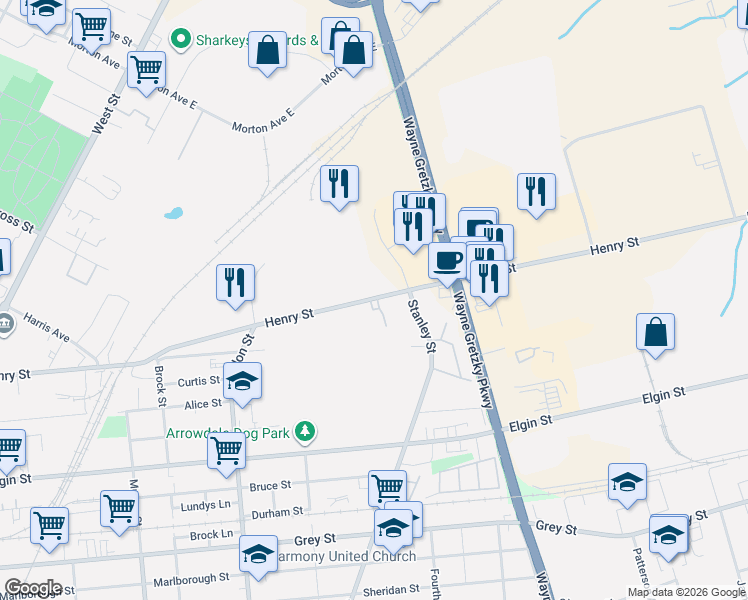 map of restaurants, bars, coffee shops, grocery stores, and more near in Brantford
