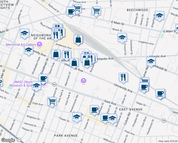 map of restaurants, bars, coffee shops, grocery stores, and more near 13 Elton Street in Rochester
