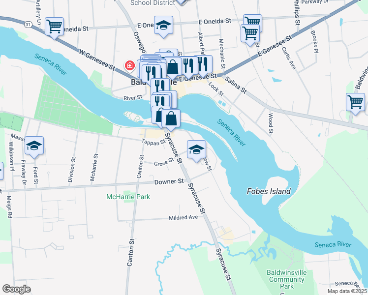 map of restaurants, bars, coffee shops, grocery stores, and more near 33 Syracuse Street in Baldwinsville