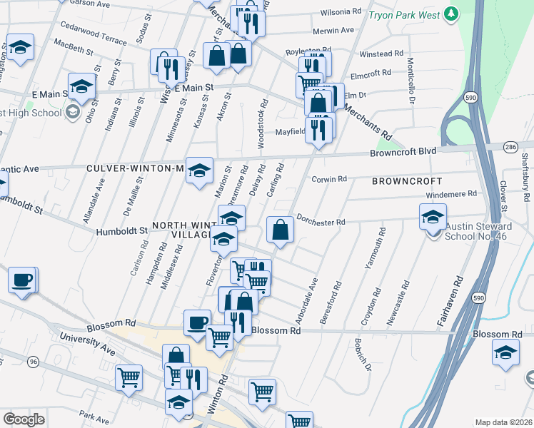 map of restaurants, bars, coffee shops, grocery stores, and more near 294 Carling Road in Rochester