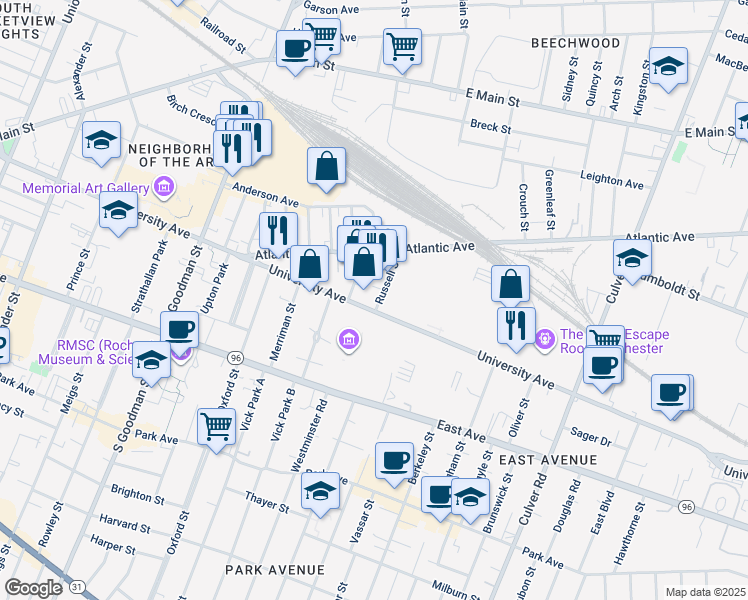 map of restaurants, bars, coffee shops, grocery stores, and more near 43 Russell Street in Rochester