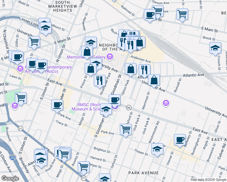 map of restaurants, bars, coffee shops, grocery stores, and more near 25-29 North Goodman Street in Rochester