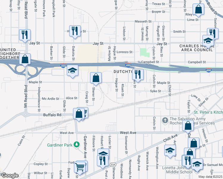 map of restaurants, bars, coffee shops, grocery stores, and more near 813 Maple Street in Rochester