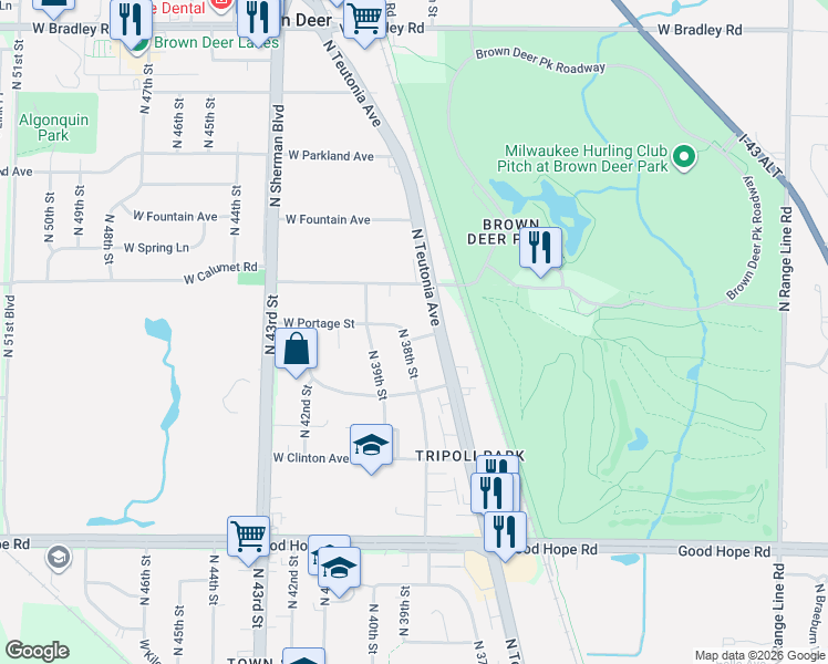 map of restaurants, bars, coffee shops, grocery stores, and more near 3900 West Portage Street in Milwaukee