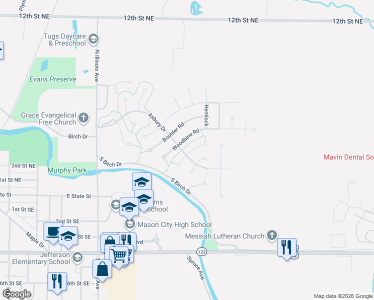 map of restaurants, bars, coffee shops, grocery stores, and more near 125 Woodbine Road in Mason City