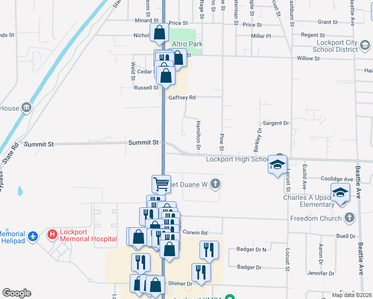 map of restaurants, bars, coffee shops, grocery stores, and more near 53 Lincoln Avenue in Lockport