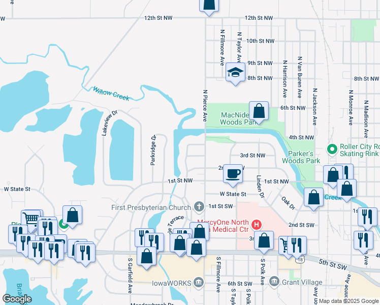 map of restaurants, bars, coffee shops, grocery stores, and more near 330-336 Meadow Lane in Mason City