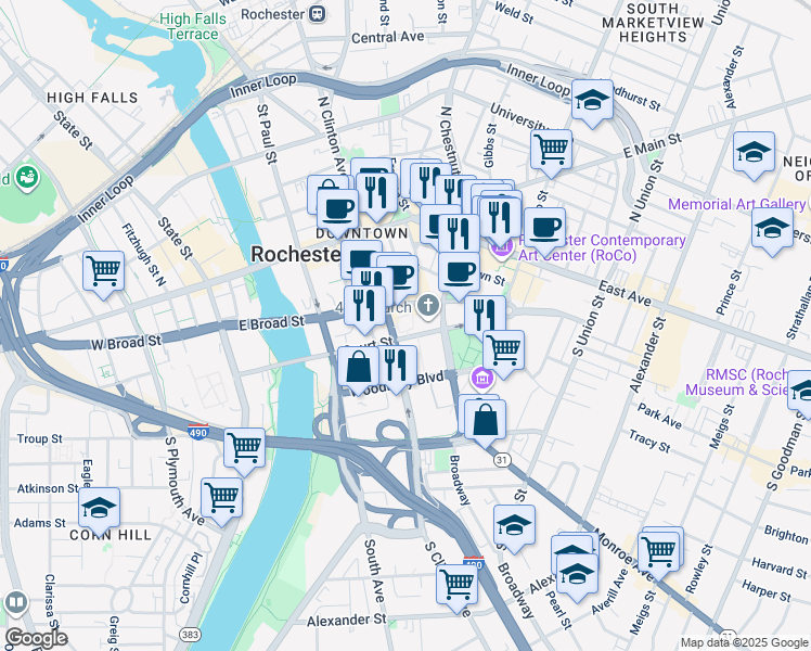 map of restaurants, bars, coffee shops, grocery stores, and more near 299 East Broad Street in Rochester