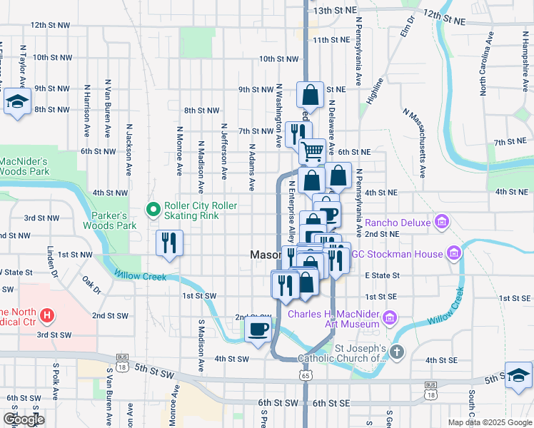 map of restaurants, bars, coffee shops, grocery stores, and more near 114 3rd Street Northwest in Mason City