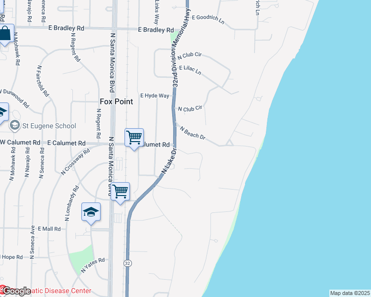 map of restaurants, bars, coffee shops, grocery stores, and more near 7600 North Lake Drive in Fox Point