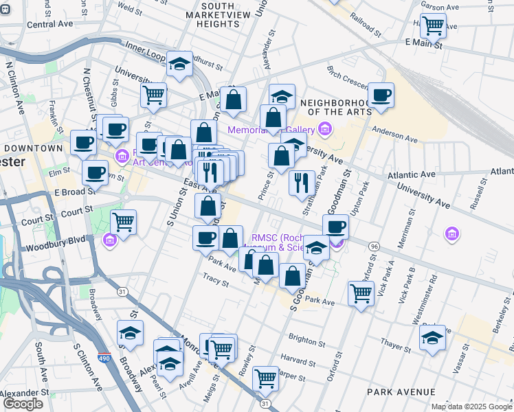map of restaurants, bars, coffee shops, grocery stores, and more near East Ave & Prince St in Rochester