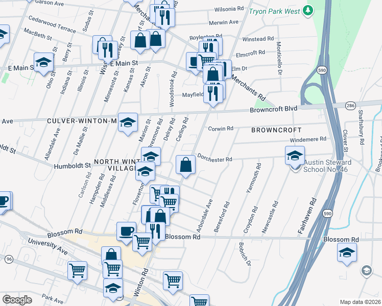 map of restaurants, bars, coffee shops, grocery stores, and more near 445 Winton Road North in Rochester