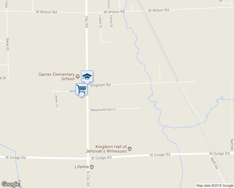 map of restaurants, bars, coffee shops, grocery stores, and more near 2419 Bingham Road in Clio