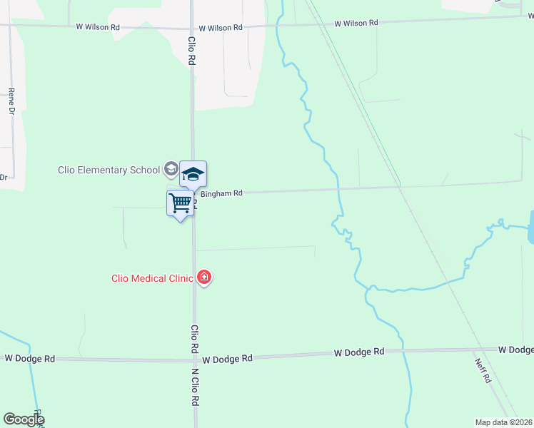 map of restaurants, bars, coffee shops, grocery stores, and more near 2419 Bingham Road in Clio