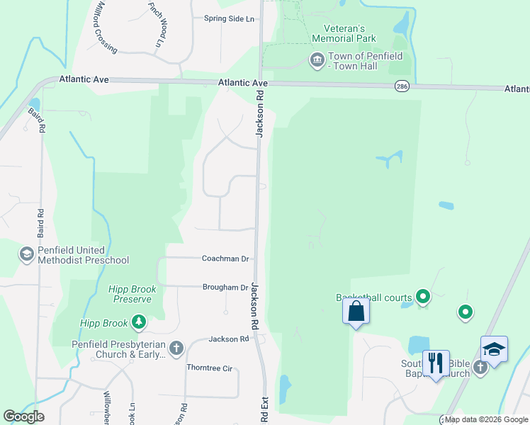 map of restaurants, bars, coffee shops, grocery stores, and more near 1760 Jackson Road in Penfield