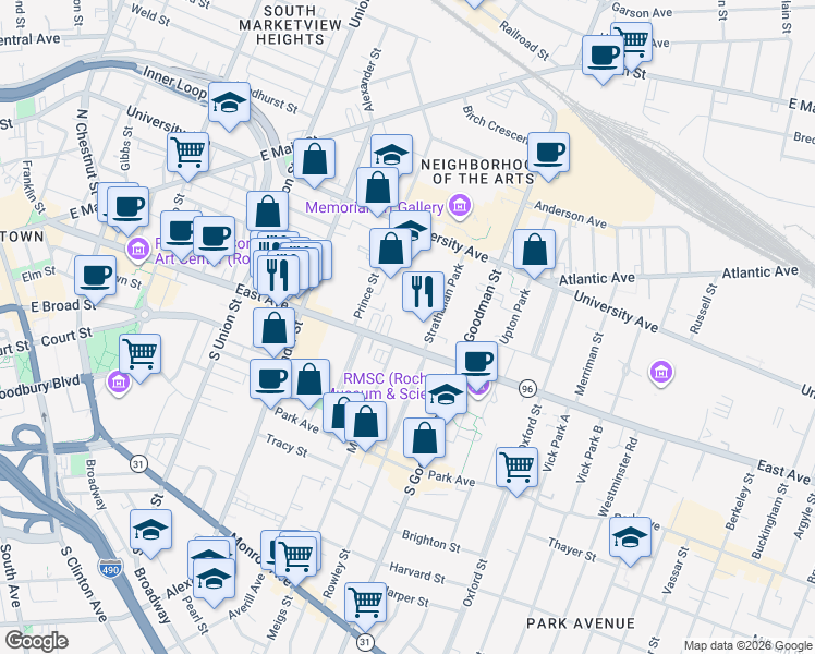 map of restaurants, bars, coffee shops, grocery stores, and more near 520 East Avenue in Rochester