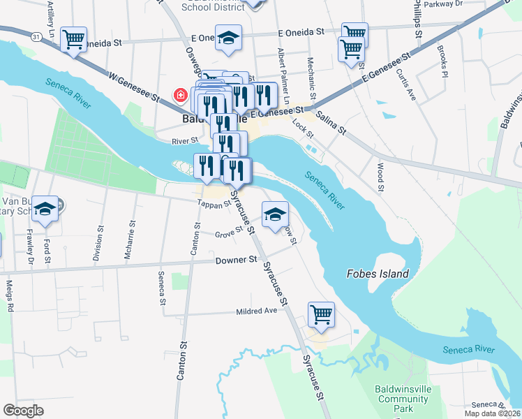 map of restaurants, bars, coffee shops, grocery stores, and more near 33 Syracuse Street in Baldwinsville