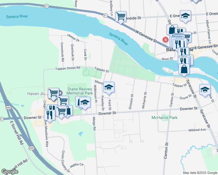 map of restaurants, bars, coffee shops, grocery stores, and more near 20 Ford Street in Baldwinsville