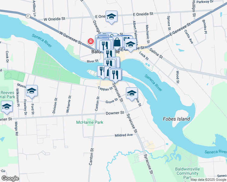 map of restaurants, bars, coffee shops, grocery stores, and more near 22 Syracuse Street in Baldwinsville