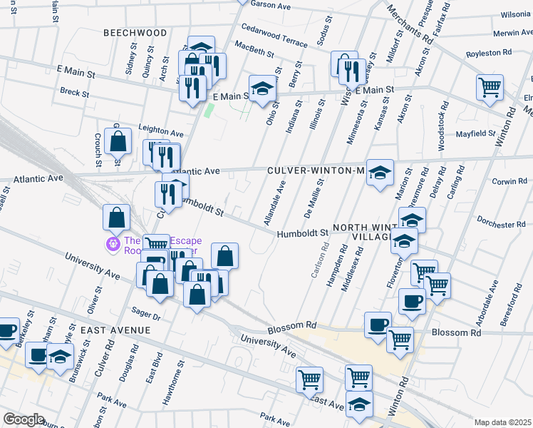 map of restaurants, bars, coffee shops, grocery stores, and more near 56 Allandale Avenue in Rochester