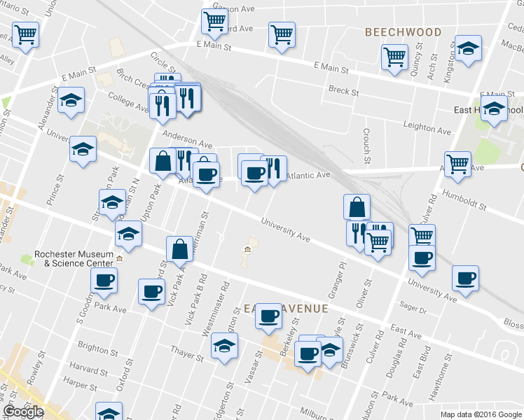 map of restaurants, bars, coffee shops, grocery stores, and more near 43 Russell Street in Rochester
