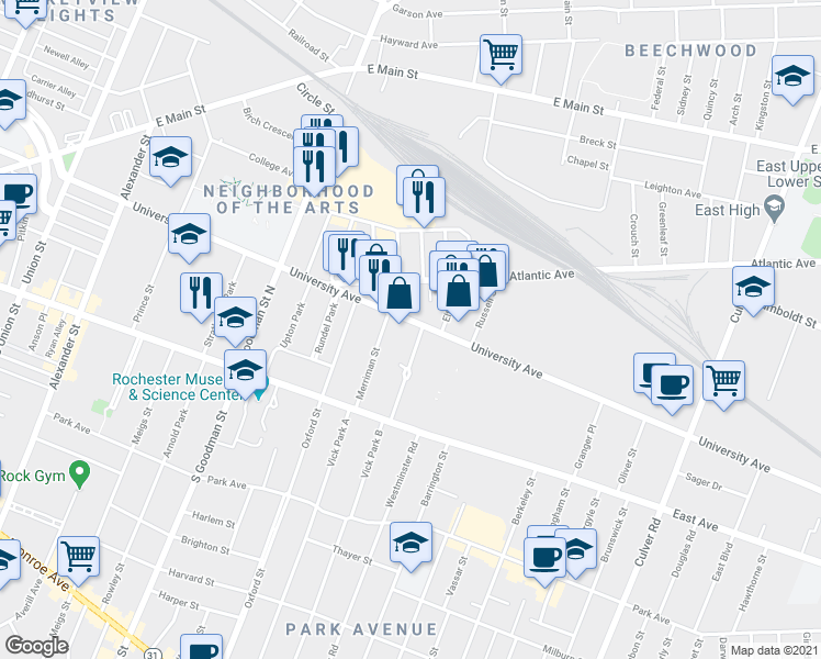 map of restaurants, bars, coffee shops, grocery stores, and more near 794 University Avenue in Rochester