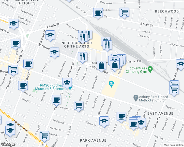 map of restaurants, bars, coffee shops, grocery stores, and more near 745 University Avenue in Rochester