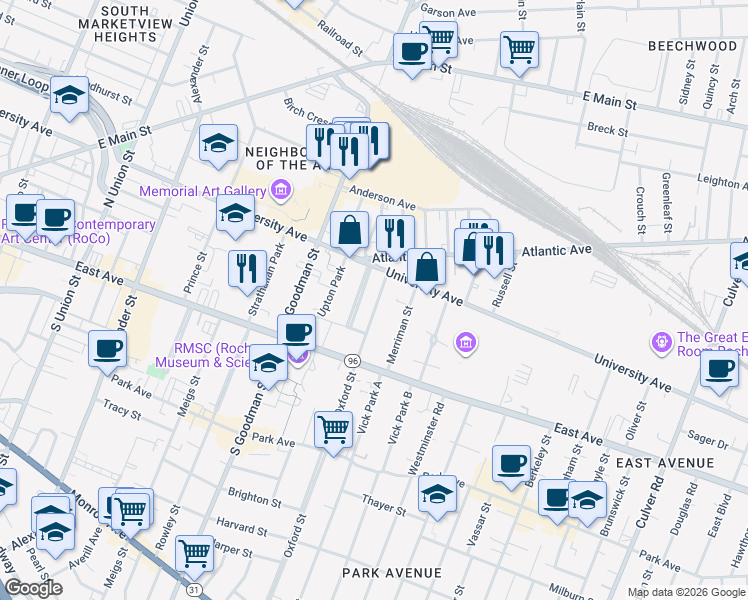 map of restaurants, bars, coffee shops, grocery stores, and more near 26 Rundel Park in Rochester