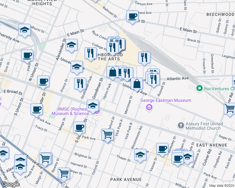 map of restaurants, bars, coffee shops, grocery stores, and more near 26 Rundel Park in Rochester