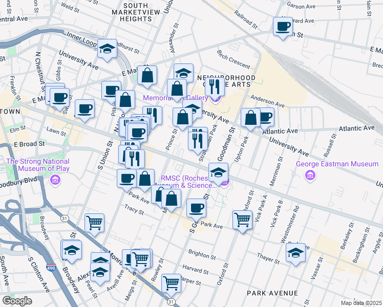 map of restaurants, bars, coffee shops, grocery stores, and more near 8A Prince Street in Rochester