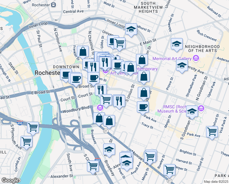map of restaurants, bars, coffee shops, grocery stores, and more near 454 East Broad Street in Rochester