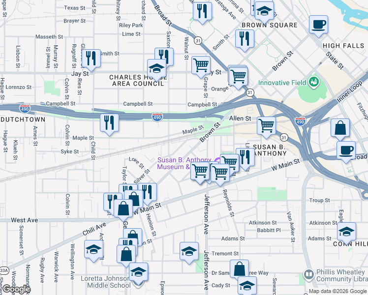 map of restaurants, bars, coffee shops, grocery stores, and more near 7 Dengler Street in Rochester