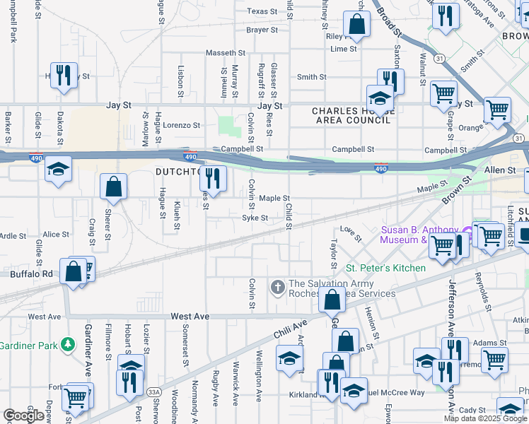 map of restaurants, bars, coffee shops, grocery stores, and more near 553 Maple Street in Rochester