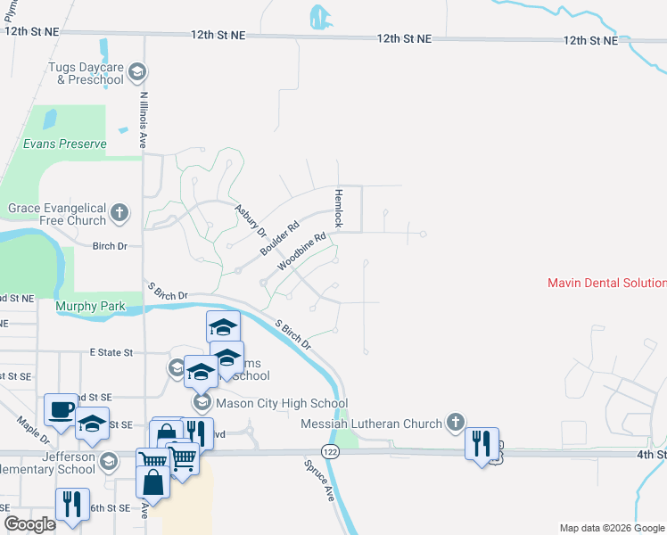 map of restaurants, bars, coffee shops, grocery stores, and more near 5 Field Road in Mason City