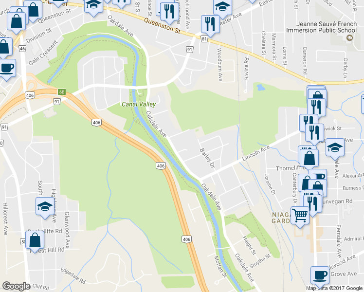 map of restaurants, bars, coffee shops, grocery stores, and more near in St. Catharines