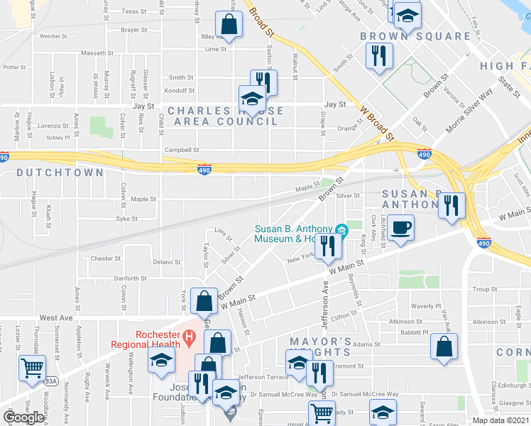 map of restaurants, bars, coffee shops, grocery stores, and more near 25 Saxton Street in Rochester