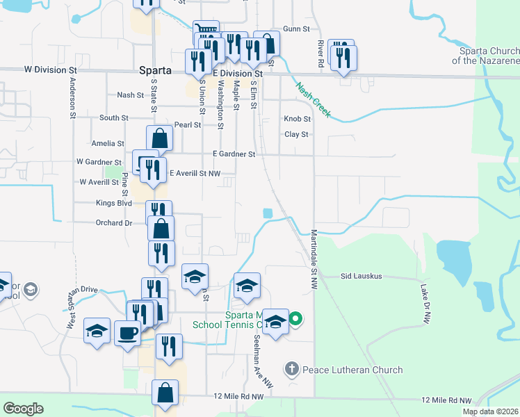 map of restaurants, bars, coffee shops, grocery stores, and more near 200 Maple Street in Sparta