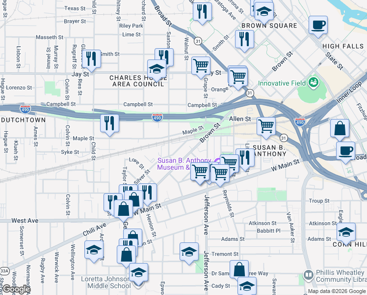 map of restaurants, bars, coffee shops, grocery stores, and more near 7 Dengler Street in Rochester