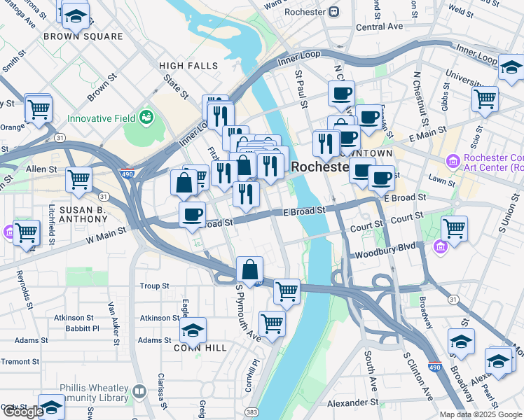 map of restaurants, bars, coffee shops, grocery stores, and more near 19 West Main Street in Rochester