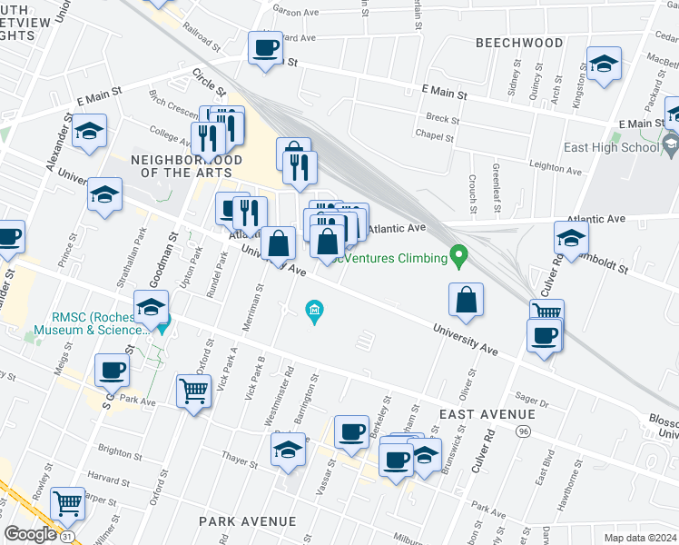 map of restaurants, bars, coffee shops, grocery stores, and more near 19 Russell Street in Rochester