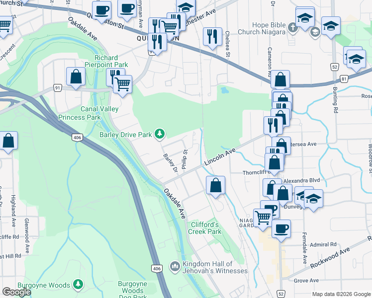 map of restaurants, bars, coffee shops, grocery stores, and more near 19 Phillip Street in Saint Catharines