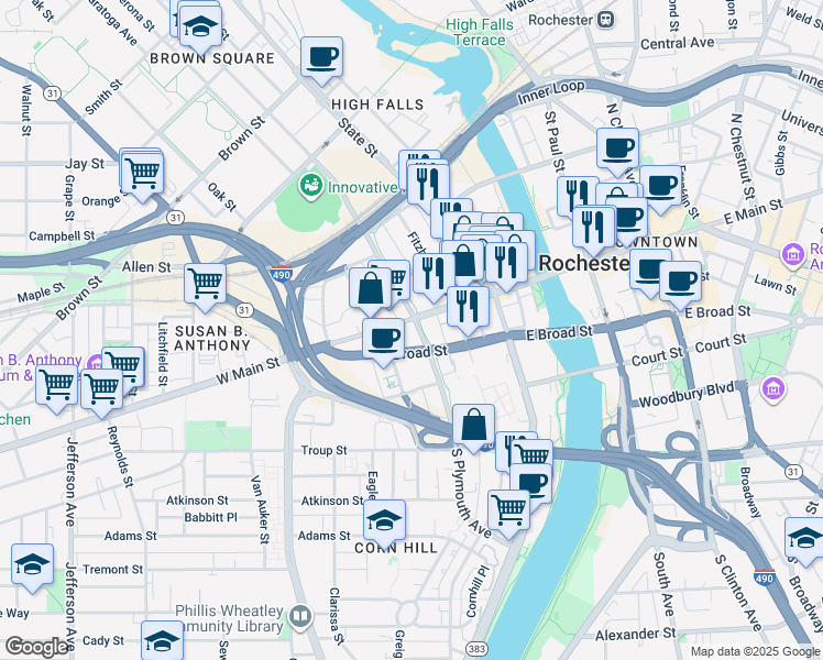 map of restaurants, bars, coffee shops, grocery stores, and more near 99 West Main Street in Rochester