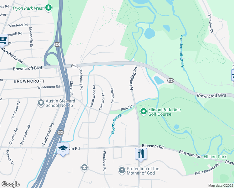 map of restaurants, bars, coffee shops, grocery stores, and more near 678 Corwin Road in Rochester