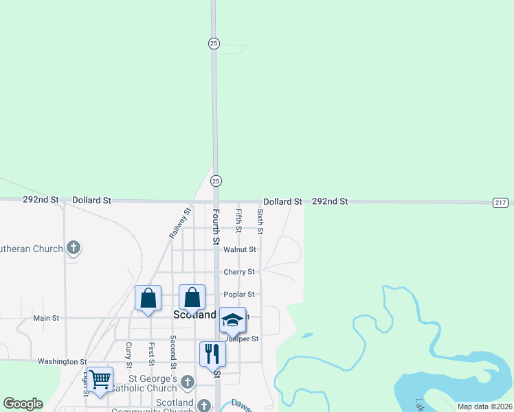 map of restaurants, bars, coffee shops, grocery stores, and more near 111 292nd Street in Scotland
