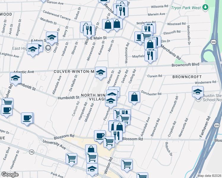 map of restaurants, bars, coffee shops, grocery stores, and more near 292 Marion Street in Rochester