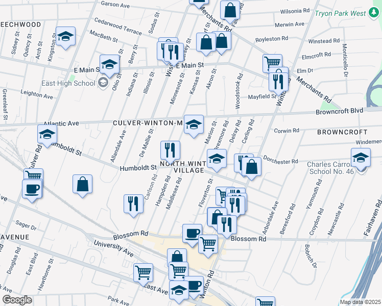 map of restaurants, bars, coffee shops, grocery stores, and more near 1045 Atlantic Avenue in Rochester