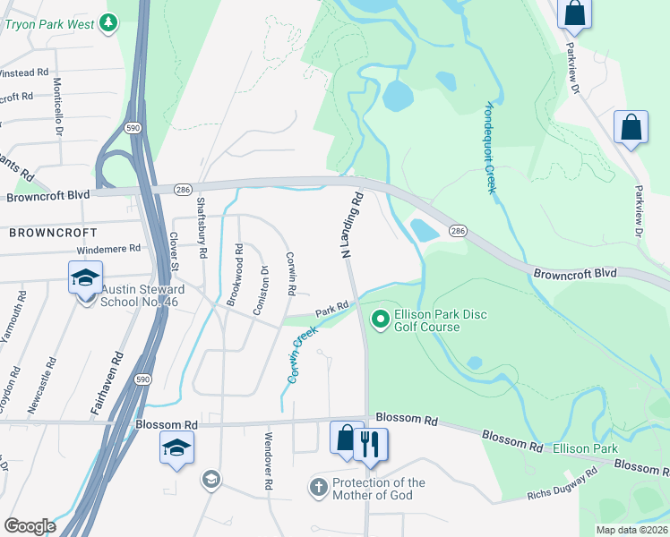 map of restaurants, bars, coffee shops, grocery stores, and more near 678 Corwin Road in Rochester
