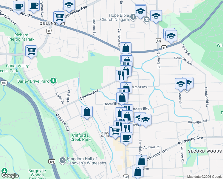 map of restaurants, bars, coffee shops, grocery stores, and more near 6 Lucerne Place in St. Catharines