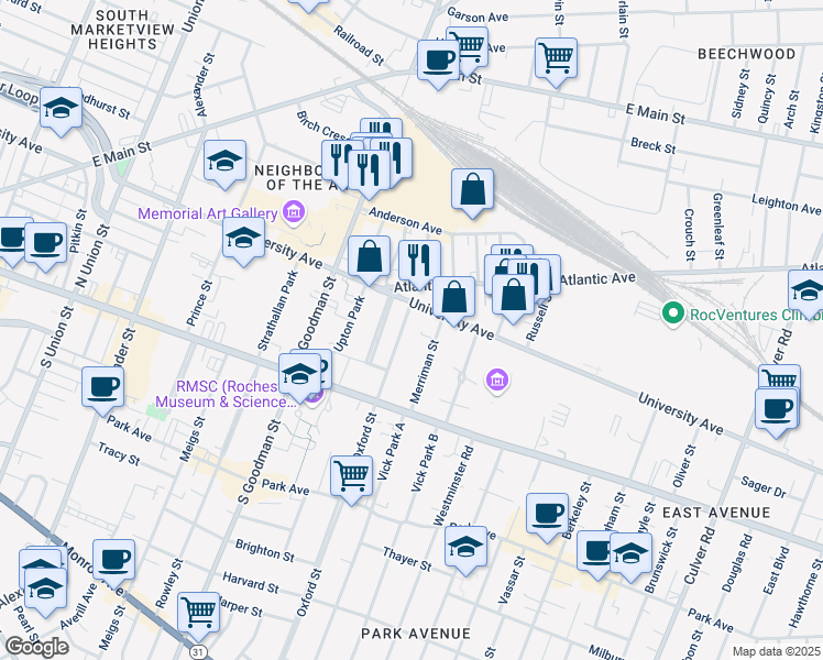 map of restaurants, bars, coffee shops, grocery stores, and more near 745 University Avenue in Rochester